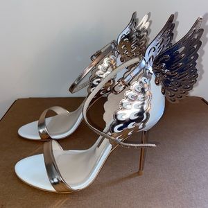 Sophia Webster Evangeline White & Rose Gold High Heel Sandals, size 8.5